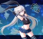  1girl alternate_color armpits arms_up black_gloves blush buritaku elbow_gloves gloves hairband highleg highleg_panties kantai_collection long_hair looking_at_viewer navel panties personification shimakaze_(kantai_collection) silver_hair skirt solo striped striped_legwear thighhighs underwear white_panties 