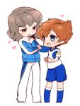  2boys armband blue_eyes blush brown_eyes brown_hair heart inazuma_eleven_(series) inazuma_eleven_go inazuma_eleven_go_galaxy male matsukaze_tenma multiple_boys open_mouth shindou_takuto shinsei_inazuma_japan simple_background soccer_uniform standing tooru track_jacket white_background 