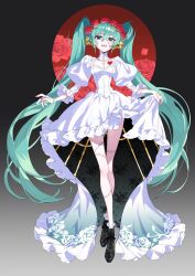  1girl absurdres aqua_eyes aqua_hair atomicmrshmallw bare_legs black_shoes commentary cosplay dress english_commentary fingernails floral_print frankenstein's_monster frankenstein's_monster_(cosplay) frilled_dress frilled_socks frills gradient_background halloween halloween_costume halo halo_behind_head hatsune_miku heart highres long_dress long_hair nail_polish red_halo red_nails shoes smile socks solo stitched_arm stitched_face stitched_leg stitched_wrist stitches under_skirt vocaloid white_dress 