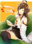  1girl ;) bare_shoulders black_legwear blush boots breasts brown_hair couch cup detached_sleeves dish double_bun grey_eyes hair_ornament hairband headgear japanese_clothes kantai_collection kongou_(kantai_collection) long_hair miko open_mouth personification sitting skirt smile solo teacup thigh-highs thigh_boots wide_sleeves wink 