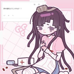  1girl abu_(songbu_) apron bandage_roll bandaged_arm bandaged_leg bandages blue_skirt blush blush_stickers closed_mouth collared_shirt danganronpa_(series) danganronpa_2:_goodbye_despair dot_nose eyelashes highres kneeling long_hair mole mole_under_eye outline pill pink_shirt purple_hair shirt short_sleeves single_tear skirt solo translation_request tsumiki_mikan violet_eyes white_apron white_outline 