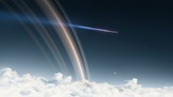  above_clouds clouds commentary english_commentary grey_sky highres meteor multiple_moons no_humans original outdoors planetary_ring scenery science_fiction sky the_protagonists_(protagonist2114) 