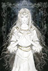  1boy aegyo_sal androgynous blonde_hair border circlet colored_eyelashes commentary cowboy_shot elden_ring elden_ring:_shadow_of_the_erdtree extra_arms gold_circlet gold_trim highres kirkkafrr long_hair miquella_(elden_ring) ornate_border own_hands_clasped own_hands_together parted_lips simple_background sleeveless_tunic solo symbol-only_commentary tunic white_tunic 