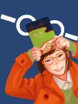  1girl book brown_eyes brown_hair buttons freckles glasses green_shirt holding holding_book long_sleeves mosaique orange_coat original shirt simple_background sleeves_past_wrists smile translation_request white_shirt 