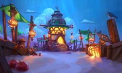  absurdres apple basket bird box clouds commentary english_commentary food fruit glowing highres house lantern light_rays night no_humans original painterly robertogatto sand scenery seagull stairs 