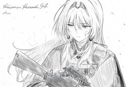  1girl an-94 an-94_(girls'_frontline) artist_name assault_rifle character_name english_commentary girls_frontline greyscale gun hairband highres holding holding_gun holding_weapon kalashnikov_rifle koshka_pic long_hair looking_down monochrome rifle russian_text scar scar_on_face solo tactical_clothes upper_body weapon 