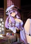  1girl blush breasts chair choker crescent eruichi_(redphantom) hat highres large_breasts long_hair looking_at_viewer patchouli_knowledge purple_hair sitting solo tears touhou violet_eyes 