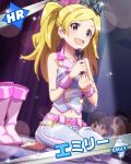  1girl 2boys blonde_hair blue_eyes boots character_name cuffs emily_stuart idolmaster idolmaster_million_live! jewelry kneeling long_hair looking_at_viewer microphone multiple_boys necklace official_art shoes_removed smile twintails 
