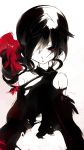  1girl bare_shoulders black_dress black_hair black_sclera bow dress hair_bow hair_over_one_eye long_hair low_ponytail original ozisan ponytail red_pupils simple_background tears 