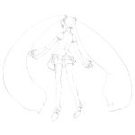  1girl citrus_(colorful) detached_sleeves dusk from_behind hatsune_miku headphones lineart long_hair monochrome skirt solo thigh-highs twintails very_long_hair vocaloid zettai_ryouiki 