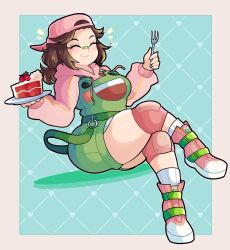  1girl alt_text animal_print backwards_hat bandaid bandaid_on_face bandaid_on_nose baseball_cap bethy blue_background blush border breasts brown_hair cake cake_slice closed_eyes closed_mouth commentary commission crossed_legs english_commentary eyelashes food fork frog_print full_body green_overalls green_shoes green_suspenders hair_ornament hair_scrunchie hands_up hat highres holding holding_fork holding_plate hood hood_down hoodie indie_virtual_youtuber invisible_chair knee_pads long_sleeves medium_breasts medium_hair multicolored_shoes onigiri_punch outline overalls pink_hat pink_hoodie pink_shoes plate red_scrunchie scrunchie shoes sitting smile socks solo strawberry_cake thick_thighs thighs tomboy virtual_youtuber white_border white_outline white_shoes white_socks 