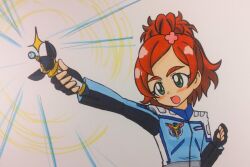  1girl :o arm_up black_gloves black_jacket blue_jacket blush brown_hair clenched_hand clover_hair_ornament collared_jacket commentary cosmo_pluck energy fingerless_gloves flower gloves go!_princess_precure green_eyes hair_bun hair_flower hair_ornament hand_up haruno_haruka henshin holding jacket kakeru_(msjatl80) long_sleeves looking_at_viewer multicolored_jacket name_connection open_mouth outstretched_arm pink_flower precure short_hair simple_background single_hair_bun solo sparkle team_eyes_uniform thick_eyebrows tokusatsu traditional_media ultra_series ultraman_cosmos_(series) upper_body white_background white_jacket 