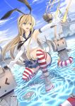  1girl anchor black_panties blonde_hair boots elbow_gloves gloves green_eyes hairband kantai_collection kneeling long_hair midriff navel open_mouth panties personification rensouhou-chan rizky_(strated) shimakaze_(kantai_collection) skirt striped striped_legwear thighhighs underwear water 