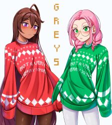  2girls ahoge blush breasts brown_hair christmas christmas_sweater closed_mouth clothes_writing commentary cowboy_shot dark-skinned_female dark_skin dilan_griz double-parted_bangs english_commentary erika_(dilan_griz) glasses green_eyes green_sweater hair_between_eyes highres julieth_(dilan_griz) long_hair long_sleeves looking_at_viewer medium_hair multiple_girls original parted_hair parted_lips pink_hair red_sweater round_eyewear simple_background sleeves_past_fingers sleeves_past_wrists small_breasts sweater violet_eyes white_background 
