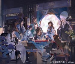  3girls 6+boys ;d absurdres ahoge aoqun aqua_coat architecture armchair bai_ruier bamboo_screen bamboo_slips black_boots black_coat black_hair black_hanfu black_pants black_robe black_sash blue_collar blue_hanfu blue_jacket blue_robe blue_shawl blunt_bangs board_game book book_stack bookshelf boots brown_eyes brown_hair cao_xiaoyue chair changmingsuo chinese_clothes chinese_commentary closed_mouth coat collar cowboy_shot crossed_arms crossed_bangs curtained_hair curtains daxiushan day drawer dress east_asian_architecture expressionless flower folded_fan folding_fan full_body go_(board_game) grey_pants hair_between_eyes hair_flower hair_ornament hair_ribbon hair_rings half_updo hand_fan hand_on_own_chin hanfu hanging_scroll high_ponytail highres holding holding_book holding_fan holding_scroll hua_yi_shanxin_zhiyue indoors jacket ji_yuanqi knee_up lantern ling_yan_ru lips long_hair long_sleeves looking_at_another looking_at_viewer looking_down mole mole_under_eye monocle moon_gate multiple_boys multiple_girls nourfeiar one_eye_closed open_clothes open_coat open_mouth own_hands_together pants pants_tucked_in paper_lantern parted_bangs parted_lips pelvic_curtain pine_tree plant pointing ponytail potted_plant purple_flower purple_hanfu purple_robe red_ribbon ribbon robe sash scroll shawl shelf side_part sideways_glance sitting smile standing stool tassel the_princess_(hua_yi_shanxin_zhiyue) tree twintails two_side_up v_arms vase very_long_hair violet_eyes waist_sash watermark weibo_watermark wen_siyu white_dress white_flower white_hair white_hanfu white_pants white_robe wide_sleeves xiao_guan_(headdress) xuan_wangjun yaopei yellow_eyes yu_ze yuanlingpao zhijupao 