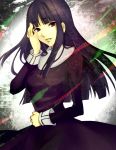  1girl asagami_fujino bangs blunt_bangs dress hand_on_own_face hime_cut kara_no_kyoukai long_hair purple_hair red_eyes solo utakiyo 