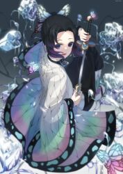  1girl absurdres animal_print black_hair blurry bug butterfly butterfly_hair_ornament butterfly_print coat dated demon_slayer_uniform depth_of_field forehead gradient_hair grey_background hair_ornament highres ice_flower japanese_clothes katana kimetsu_no_yaiba kimono kimyo kochou_shinobu long_sleeves looking_at_viewer looking_back multicolored_hair open_mouth parted_bangs purple_hair revision scabbard sheath short_hair sitting smile solo sword sword_writing two-tone_hair unsheathing weapon wide_sleeves 
