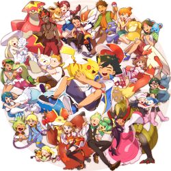 6+boys 6+girls :d ;d absurdres ahoge alolan_vulpix artist_name ash_ketchum belt black_hair blaziken blonde_hair blue_eyes blue_hair bonnie_(pokemon) boots bow bowtie braid braided_ponytail brock_(pokemon) brown_eyes chespin child chitozen_(pri_zen) chloe_(pokemon) cilan_(pokemon) cinderace clemont_(pokemon) closed_eyes commentary_request croagunk dark-skinned_female dark-skinned_male dark_skin dedenne delphox eevee english_text glasses goh_(pokemon) green_bow green_bowtie green_hair hair_between_eyes hair_bow hair_rings hairband happy haxorus highres hikari_(pokemon) holding hug index_finger_raised iris_(pokemon) jacket jewelry kiawe_(pokemon) lana_(pokemon) lillie_(pokemon) looking_at_another looking_at_viewer mallow_(pokemon) marill max_(pokemon) may_(pokemon) misty_(pokemon) multicolored_hair multiple_boys multiple_girls munchlax necklace one_eye_closed open_clothes open_jacket open_mouth orange_hair pansage pants pikachu pink_boots pink_skirt piplup poke_ball poke_ball_(basic) pokemon pokemon_(anime) pokemon_(classic_anime) pokemon_(creature) pokemon_bw_(anime) pokemon_dppt_(anime) pokemon_journeys pokemon_rse_(anime) pokemon_sm_(anime) pokemon_xy_(anime) primarina psyduck red_hair serena_(pokemon) shirt shoes short_sleeves skirt smile sophocles_(pokemon) tail teeth thank_you togedemaru topless_male tracey_sketchit tsareena turtonator upper_teeth_only white_background wide_sleeves zygarde zygarde_core 