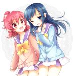  2girls :d aida_mana blue_eyes blue_hair blush cardigan dokidoki!_precure half_updo hishikawa_rikka long_hair multiple_girls open_mouth pink_eyes pink_hair precure school_uniform shiho_(acoram) short_hair smile wink 