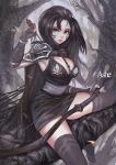  1girl ashe_(league_of_legends) black_hair boots breasts cape cleavage danann dress green_eyes league_of_legends long_hair smile tattoo thighhighs tree 