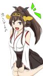  1girl alternate_hairstyle bare_shoulders blush brown_eyes brown_hair detached_sleeves double_bun highres kantai_collection kongou_(kantai_collection) long_hair nontraditional_miko ponytail ribbon_trim shigure-p skirt translated wide_sleeves 