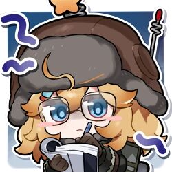  1girl artist_request blue_eyes blush_stickers chibi chibi_only coat frown fur-trimmed_coat fur-trimmed_headwear fur_trim girls'_frontline_2:_exilium girls_frontline glasses gloves holding holding_notepad littara_(girls'_frontline_2) lowres notepad official_art orange_hair radio solo transparent_background upper_body wkp_(girls'_frontline) writing 