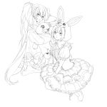  2girls animal_ears animal_hat bonnet dual_persona frills gloves hat hatsune_miku highres lineart long_hair looking_at_viewer lots_of_laugh_(vocaloid) monochrome mozzu multiple_girls rabbit_ears sitting skirt socks stuffed_animal stuffed_toy twintails very_long_hair vocaloid 