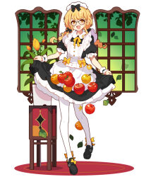 1girl apple apron black_bow black_dress black_shoes blonde_hair blush bow breasts dress flower food fruit fujita_kotone gakuen_idolmaster ideolo idolmaster leaf maid_apron open_mouth pantyhose plant shoes twin_braids twintails white_pantyhose window yellow_eyes yellow_flower