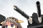  1boy 1girl admiral_(kantai_collection) brown_hair cannon cloudy_sky expressionless hair_ornament hairband headgear hiei_(kantai_collection) kantai_collection long_hair patricia_(stylish_marunage) personification violet_eyes 