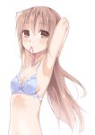  1girl adjusting_hair armpits blue_bra blush bra brown_eyes brown_hair frilled_bra frills kyuri long_hair mouth_hold no_shirt original small_breasts solo underwear underwear_only 