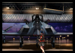  1girl absurdres aircraft airplane black_border black_skirt blue_hair bomber border camera clouds cloudy_sky commentary_request dusk ear_protection f-117_nighthawk hangar highres holding holding_camera indoors military military_vehicle open_cockpit original outside_border purple_sky red_vest short_hair skirt sky solo stealth_aircraft timmyyen united_states_air_force vehicle_focus vest 
