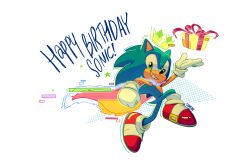 1boy animal_ears blue_fur commentary english_commentary furry furry_male gift gloves green_eyes happy_birthday highres male_focus multicolored_shoes official_alternate_costume red_shoes shoes simple_background solo sonic_(series) sonic_the_hedgehog sonic_the_hedgehog_(birthday_king) starrjoy two-tone_shoes white_background white_gloves white_shoes 