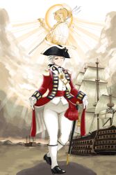  18th_century 1girl boots brown_eyes coat gloves highres katyusha_(98269886) lifting_own_clothes military military_uniform military_vehicle one_eye_closed original pantaloons pants polearm red_coat shield ship solo trident union_jack united_kingdom warship watercraft weapon white_gloves white_pants wig 