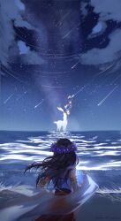  1girl absurdres alkaid_mcgrath alkaid_mcgrath_(spirit_world) animalization armlet bare_shoulders beach black_hair chinese_commentary clouds cowboy_shot deer detached_sleeves disintegration facing_away flower flower_wreath from_behind gold_armlet head_wreath heroine_(lovebrush_chronicles) highres jewelry long_hair lovebrush_chronicles mengmao727 night outdoors purple_flower red_skirt see-through_clothes see-through_shawl shawl shirt shooting_star skirt sky sleeveless sleeveless_shirt solo spoilers standing standing_on_liquid star_(sky) star_trail starry_sky white_shawl white_shirt 