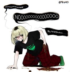  1girl all_fours avril_(teyoid) black-framed_eyewear black_shirt blonde_hair blunt_bangs commentary eat_sleep_x_repeat_(meme) english_commentary english_text fallen_down food food_in_pocket food_on_floor full_body glasses green_socks hand_in_pocket highres meatball meme multicolored_hair no_shoes original pants pasta raised_inner_eyebrows red_pants roots_(hair) sad shirt short_hair short_sleeves simple_background socks solo spaghetti spaghetti_and_meatballs speech_bubble talking teyoid white_background yellow_eyes 