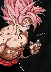  1boy black_background black_pants blood blood_on_face cowboy_shot dragon_ball dragon_ball_super earrings goku_black grey_hair highres jewelry looking_at_viewer male_focus medium_hair muscular muscular_male naouuma_art pants pink_hair potara_earrings red_sash sash simple_background solo spiky_hair super_saiyan super_saiyan_rose topless_male twitter_username 