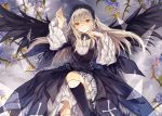  1girl black_dress black_wings blue_rose doll_joints dress flower gothic_lolita hairband koyuiko layered_dress lolita_fashion lolita_hairband long_hair long_sleeves looking_at_viewer red_eyes rose rozen_maiden silver_hair smile solo suigintou very_long_hair white_dress wide_sleeves wings 