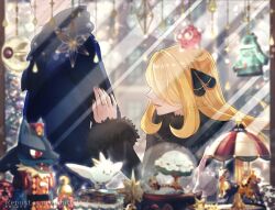  1boy 1girl black_jacket black_nails black_scarf blonde_hair blurry blurry_background bronzong christmas christmas_ornaments christmas_tree christmas_wreath commentary_request cynthia_(pokemon) cyrus_(pokemon) dating girafarig hair_ornament hair_over_one_eye head_out_of_frame hetero jacket long_hair lucario lunatone minior minior_(core) minior_(red_core) nail_polish nutcracker open_mouth outdoors patting pointing pokemon pokemon_dppt profile revision sakaralalala scarf size_difference snow snow_globe snowflakes togekiss turtwig upper_body watermark window window_shopping wreath 