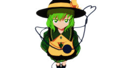 1girl arm_up black_footwear black_headwear boots bow buttons closed_mouth collared_shirt diamond_button frilled_shirt_collar frilled_sleeves frills from_above furui glowing glowing_eyes green_eyes green_hair green_skirt hair_between_eyes hat hat_bow hat_ribbon heart heart_of_string komeiji_koishi long_sleeves mikumikudance_(medium) ribbon rose_print shirt simple_background skirt sleeves_past_fingers sleeves_past_wrists smile solo third_eye touhou white_background wide_sleeves yellow_ribbon yellow_shirt