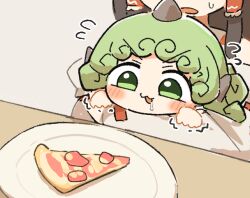  2girls :3 :o ^^^ blanket blush brown_background brown_hair chibi commentary_request curly_hair drooling flying_sweatdrops food frilled_hair_tubes frills green_eyes green_hair hair_tubes hakurei_reimu holding holding_back holding_blanket horns komainu_ears komainu_girl komano_aunn kotatsu kyuukei_usagi long_hair medium_hair multiple_girls open_mouth pizza pizza_slice plate simple_background single_horn smile solo_focus sweatdrop table touhou upper_body v-shaped_eyebrows 