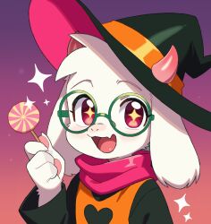  1boy :d absurdres adapted_costume animal_hands candy claws commentary deltarune english_commentary fang food furry furry_male goat_boy gradient_background halloween hat highres holding holding_candy holding_food holding_lollipop horns lollipop looking_at_viewer male_focus pawpads perishrepublic pink_eyes pink_scarf portrait ralsei ralsei_(hat) scarf simple_background skin_fang smile solo sparkle sparkling_eyes utdr_(toby_fox) 