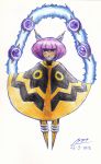  1girl antennae blush_stickers bob_cut borockman cape colored_pencil_(medium) dark_skin dated electricity grin mighty_no._3 mighty_no._9 purple_hair red_eyes robot sharp_teeth short_hair signature smile solo traditional_media 