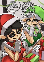  +_+ 2girls artist_name ass black_hair bow-shaped_hair breasts callie_(splatoon) closed_eyes commentary cousins dress english_commentary english_text fangs fur-trimmed_collar fur_trim gift gloves green_dress green_hat green_santa_costume grey_hair hat highres inkling long_hair marie_(splatoon) mole mole_under_eye moxydraws multiple_girls open_mouth patreon_logo pointy_ears red_dress red_hat santa_costume santa_hat sleeveless sleeveless_dress smile splatoon_(series) swept_bangs tentacle_hair updo upper_body web_address yellow_eyes 