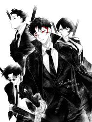  1girl 3boys absurdres chinese_commentary coat collared_shirt commentary cross_tattoo dated dress_shirt facial_tattoo forehead highres jacket kagurabachi katana male_focus moku_(kagurabachi) monochrome multiple_boys necktie open_clothes open_coat parted_bangs red_eyes ro_(kagurabachi) rokuhira_chihiro round_eyewear sheath sheathed shirt short_hair signature spot_color suit suit_jacket sumi_(kagurabachi) sunglasses sword tattoo weapon weapon_on_back whalebone_1022 