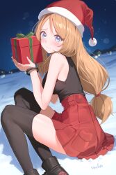 1girl absurdres artist_name black_shirt black_shoes black_thighhighs blonde_hair blue_eyes bracelet breasts christmas_present feet_out_of_frame gift green_ribbon hat highres holding holding_gift jewelry long_hair looking_at_viewer low-tied_long_hair medium_breasts mega_ring miniskirt night night_sky outdoors pokemon pokemon_xy raised_eyebrows red_skirt revvie ribbon santa_hat serena_(pokemon) shirt shoes sitting skirt sleeveless sleeveless_shirt snow solo thigh-highs thighs very_long_hair 