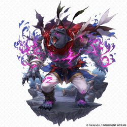  1boy absurdres aura bear_boy cape claws dark_aura english_commentary fangs fire_emblem fire_emblem:_path_of_radiance fire_emblem_shadows full_body furry furry_male glowing glowing_eyes grey_fur hagiya_kaoru headband highres ike_(fire_emblem) ike_(radiant_merc)_(fire_emblem) official_alternate_costume official_art open_mouth red_cape solo torn_cape torn_clothes 