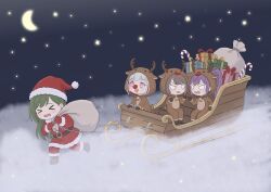  >_< 4girls :d alternate_costume animal_costume arguing bell boots box brown_boots brown_hair candy candy_cane chibi chibi_only commentary_request crescent dress food fujishima_megumi fur-trimmed_dress fur-trimmed_headwear fur_trim gift gift_box green_hair hasu_no_daisankaku hat highres holding holding_sack link!_like!_love_live! long_hair love_live! merry_christmas multicolored_hair multiple_girls neck_bell night ogami_sachi open_mouth otomune_kozue outdoors pants peanut_mouth pink_eyes ponytail purple_hair red_dress red_hat red_nose red_pants red_streaks reindeer_costume role_reversal sack sack_behind_back santa_costume santa_dress santa_hat sitting sky sleigh smile star_(sky) star_(symbol) starry_sky streaked_hair teacup_217 v-shaped_eyebrows v-shaped_eyes virtual_youtuber white_hair yugiri_tsuzuri 