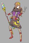  1girl alternate_costume belt blue_eyes boots brown_hair chainmail commentary fairy flat_color grey_background joakim_sandberg knee_boots long_hair magician pointy_ears potion princess_zelda quiver scarf scroll skirt smile solo staff tabard the_legend_of_zelda tiara triforce vambraces work_in_progress 