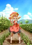  1girl aki_minoriko arinu barefoot blonde_hair farm food fruit grapes hat highres smile solo sweat tomato touhou 