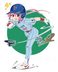  1girl 2025 aqua_pants aqua_shirt baseball_helmet baseball_uniform belt german_shiroishi gloves green_eyes helmet jikkyou_powerful_pro_yakyuu kawahoshi_homura long_hair low_twintails notice_lines open_mouth pants pink_hair red_belt running shirt shoes short_sleeves solo sportswear tokyo_yakult_swallows twintails white_gloves white_shoes wristband 